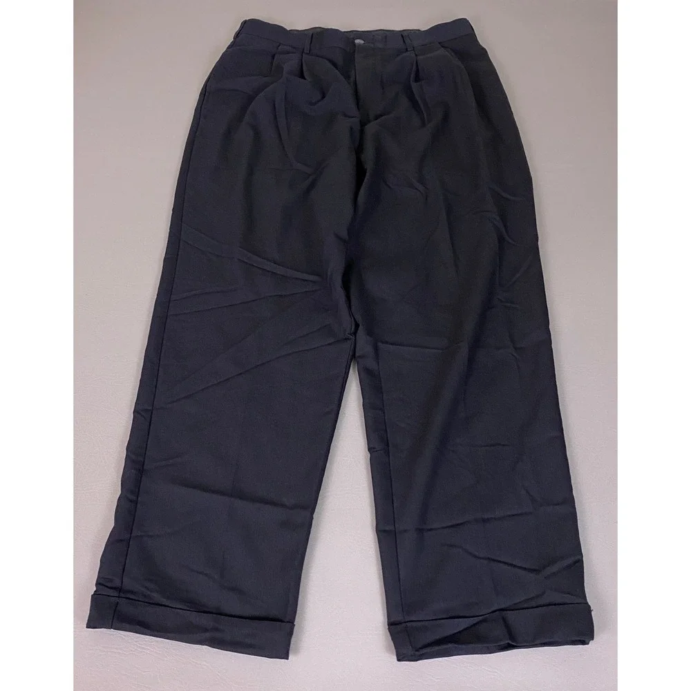 Dress Pants Men's 34x29 Black Pleated Trousers Cuffed Hem Relaxed Fit No Brand‎